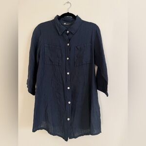 Navy 100% linen Button-Up Shirt